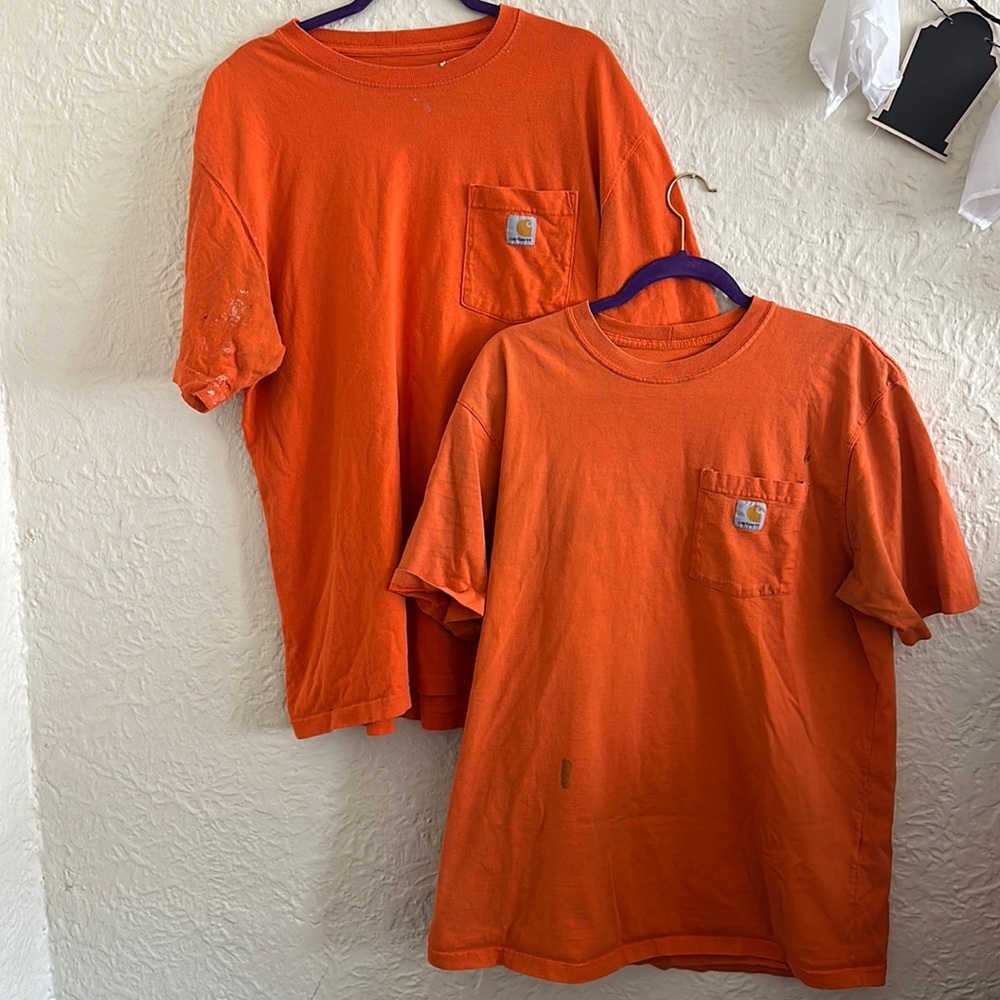 Carhartt Logo Pocket T-Shirt slot Bundle Orange Workwear Thrashed Flaws Large
